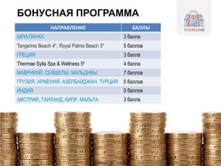 БОНУСНАЯ ПРОГРАММА
НАПРАВЛЕНИЕ БАЛЛЫ
ШРИ-ЛАНКА 3 балла
Tangerine Beach 4*, Royal Palms Beach 5* 5 баллов
ГРЕЦИЯ 3 балла
Thermae Sylla Spa & Wellness 5* 4 балла
МАВРИКИЙ, СЕЙШЕЛЫ, МАЛЬДИВЫ 7 баллов
ГРУЗИЯ, АРМЕНИЯ, АЗЕРБАЙДЖАН, ТУРЦИЯ 5 баллов
ИНДИЯ 5 баллов
АВСТРИЯ, ТАИЛАНД, КИПР, МАЛЬТА 3 балла
 
