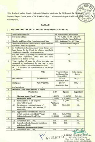 Pantham Venkateswararao ( Nanaji) Affidavit for MLA KKD 2014 Elections.