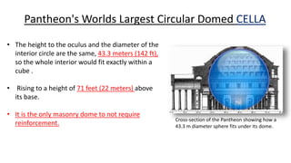 Pantheon's Worlds Largest Circular Domed CELLA
Cross-section of the Pantheon showing how a
43.3 m diameter sphere fits under its dome.
• The height to the oculus and the diameter of the
interior circle are the same, 43.3 meters (142 ft),
so the whole interior would fit exactly within a
cube .
• Rising to a height of 71 feet (22 meters) above
its base.
• It is the only masonry dome to not require
reinforcement.
 