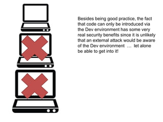 Besides being good practice, the fact 
that code can only be introduced via 
the Dev environment has some very 
real security benefits since it is unlikely 
that an external attack would be aware 
of the Dev environment … let alone 
be able to get into it! 
 