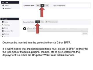 Code can be inserted into the project either via Git or SFTP. 
It is worth noting that the connection mode must be set to SFTP in order for 
the insertion of modules, plugins, themes, etc to be inserted into the 
deployment via either the Drupal or WordPress admin interface. 
 
