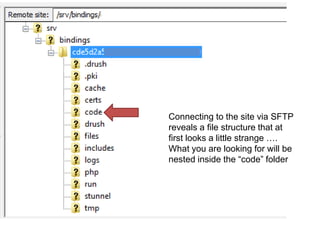 Connecting to the site via SFTP 
reveals a file structure that at 
first looks a little strange …. 
What you are looking for will be 
nested inside the “code” folder 
 