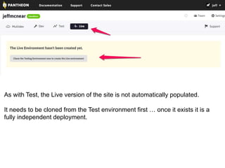As with Test, the Live version of the site is not automatically populated. 
It needs to be cloned from the Test environment first … once it exists it is a 
fully independent deployment. 
 