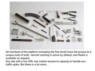 All members of the platform (including the free level) have full access to a 
unique suite of tools. Varnish caching is active by default, and Redis is 
available on request. 
Any site with a live URL has instant access to capacity to handle any 
traffic spike. But there is a lot more… 
 