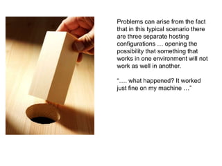 Problems can arise from the fact 
that in this typical scenario there 
are three separate hosting 
configurations … opening the 
possibility that something that 
works in one environment will not 
work as well in another. 
“…. what happened? It worked 
just fine on my machine …” 
 