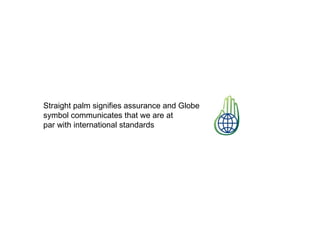 Straight palm signifies assurance and Globe
symbol communicates that we are at
par with international standards
 