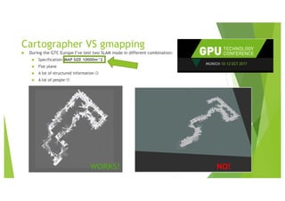 Cartographer VS gmapping
u During the GTC Europe I’ve test two SLAM mode in different combination:
u Specification: MAP SIZE 10000m^2
u Flat plane
u A lot of structured information J
u A lot of people L
WORKS! NO!
 