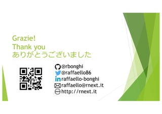 Grazie!
Thank you
ありがとうございました
@rbonghi
@raffaello86
raffaello-bonghi
raffaello@rnext.it
http://rnext.it
 