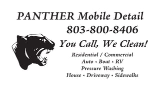 PANTHER Mobile Detail
      803-800-8406
      You Call, We Clean!
         Residential / Commercial
             Auto • Boat • RV
             Pressure Washing
        House • Driveway • Sidewalks
 