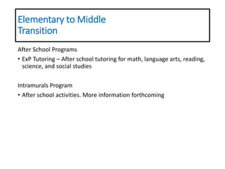Elementary to Middle
Transition
After School Programs
• ExP Tutoring – After school tutoring for math, language arts, reading,
science, and social studies
Intramurals Program
• After school activities. More information forthcoming
 