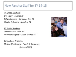 New Panther Staff for SY 14-15
7th Grade Teachers:
Erin Hoerr – Science 7S
Tiffany Robbins – Language Arts 7S
Mindee Calabrese – Reading 7R
8th Grade Teachers:
David Colvin – Math 8S
Jacob Pendergraft – Social Studies 8M
Connections Teachers:
Melissa Christensen – Family & Consumer
Science (FACS)
 