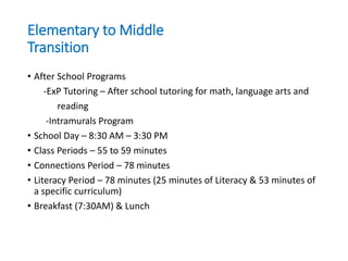 Elementary to Middle
Transition
• After School Programs
-ExP Tutoring – After school tutoring for math, language arts and
reading
-Intramurals Program
• School Day – 8:30 AM – 3:30 PM
• Class Periods – 55 to 59 minutes
• Connections Period – 78 minutes
• Literacy Period – 78 minutes (25 minutes of Literacy & 53 minutes of
a specific curriculum)
• Breakfast (7:30AM) & Lunch
 