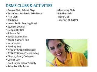 DRMS CLUBS & ACTIVITIES
• Drama Club: School Plays -Mentoring Club
• Beta Club: Academic Excellence - Panther Pals
• Fish Club - Book Club
• Yearbook - Spanish Club (8th)
• Helen Ruffin Reading Bowl
• Student Council
• Geography Bee
• Science Fair
• Social Studies Fair
• Young Author’s Fair
• Intramurals
• Spelling Bee
• 7th & 8th Grade Basketball
• 7th & 8th Grade Cheerleading
• Chorus, Band, Orchestra
• Career Day
• Nat’l Junior Honor Society
• Relay For Life Team
 
