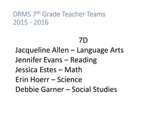 DRMS 7th Grade Teacher Teams
2015 - 2016
7D
Jacqueline Allen – Language Arts
Jennifer Evans – Reading
Jessica Estes – Math
Erin Hoerr – Science
Debbie Garner – Social Studies
 