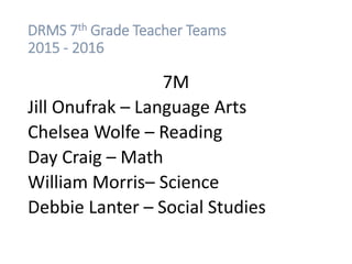 DRMS 7th Grade Teacher Teams
2015 - 2016
7M
Jill Onufrak – Language Arts
Chelsea Wolfe – Reading
Day Craig – Math
William Morris– Science
Debbie Lanter – Social Studies
 