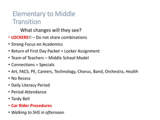 Elementary to Middle
Transition
What changes will they see?
• LOCKERS!! – Do not share combinations
• Strong Focus on Academics
• Return of First Day Packet = Locker Assignment
• Team of Teachers – Middle School Model
• Connections = Specials
• Art, FACS, PE, Careers, Technology, Chorus, Band, Orchestra, Health
• No Recess
• Daily Literacy Period
• Period Attendance
• Tardy Bell
• Car Rider Procedures
• Walking to SHS in afternoon
 