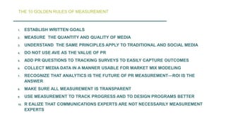 1. ESTABLISH WRITTEN GOALS
2. MEASURE THE QUANTITY AND QUALITY OF MEDIA
3. UNDERSTAND THE SAME PRINCIPLES APPLY TO TRADITIONAL AND SOCIAL MEDIA
4. DO NOT USE AVE AS THE VALUE OF PR
5. ADD PR QUESTIONS TO TRACKING SURVEYS TO EASILY CAPTURE OUTCOMES
6. COLLECT MEDIA DATA IN A MANNER USABLE FOR MARKET MIX MODELING
7. RECOGNIZE THAT ANALYTICS IS THE FUTURE OF PR MEASUREMENT—ROI IS THE
ANSWER
8. MAKE SURE ALL MEASUREMENT IS TRANSPARENT
9. USE MEASUREMENT TO TRACK PROGRESS AND TO DESIGN PROGRAMS BETTER
10. R EALIZE THAT COMMUNICATIONS EXPERTS ARE NOT NECESSARILY MEASUREMENT
EXPERTS
THE 10 GOLDEN RULES OF MEASUREMENT
 