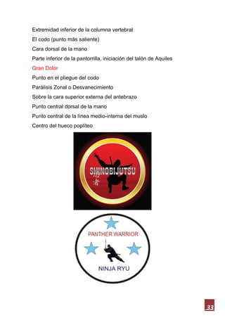 33
Extremidad inferior de la columna vertebral
El codo (punto más saliente)
Cara dorsal de la mano
Parte inferior de la pantorrilla, iniciación del talón de Aquiles
Gran Dolor
Punto en el pliegue del codo
Parálisis Zonal o Desvanecimiento
Sobre la cara superior externa del antebrazo
Punto central dorsal de la mano
Punto central de la línea medio-interna del muslo
Centro del hueco poplíteo
 