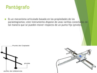 Pantógrafo 
 Es un mecanismo articulado basado en las propiedades de los 
paralelogramos; este instrumento dispone de unas varillas conectadas de 
tal manera que se pueden mover respecto de un punto fijo (pivote). 
 