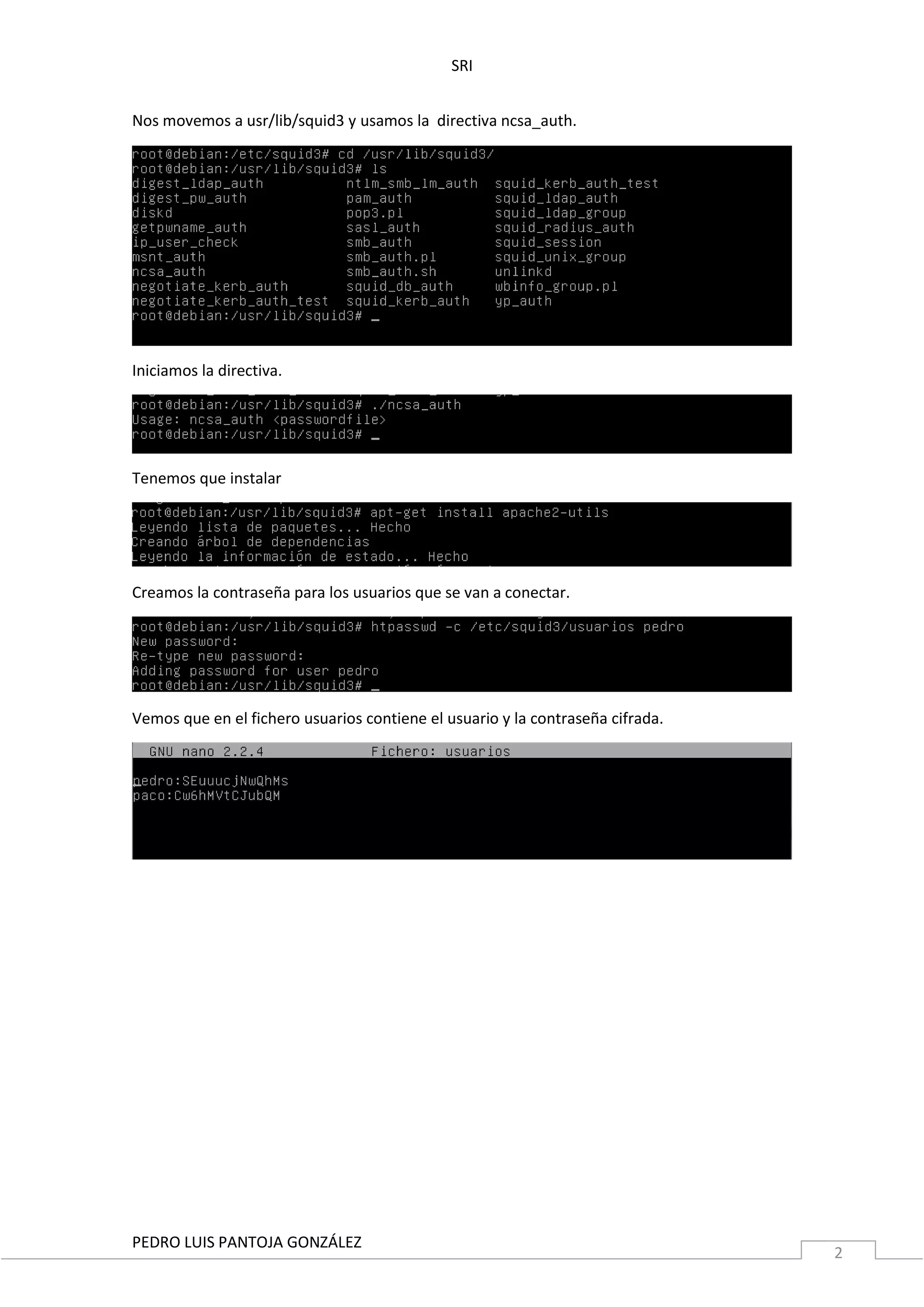 SRI 
PEDRO LUIS PANTOJA GONZÁLEZ 
2 
Nos movemos a usr/lib/squid3 y usamos la directiva ncsa_auth. 
Iniciamos la directiva. 
Tenemos que instalar 
Creamos la contraseña para los usuarios que se van a conectar. 
Vemos que en el fichero usuarios contiene el usuario y la contraseña cifrada. 
 