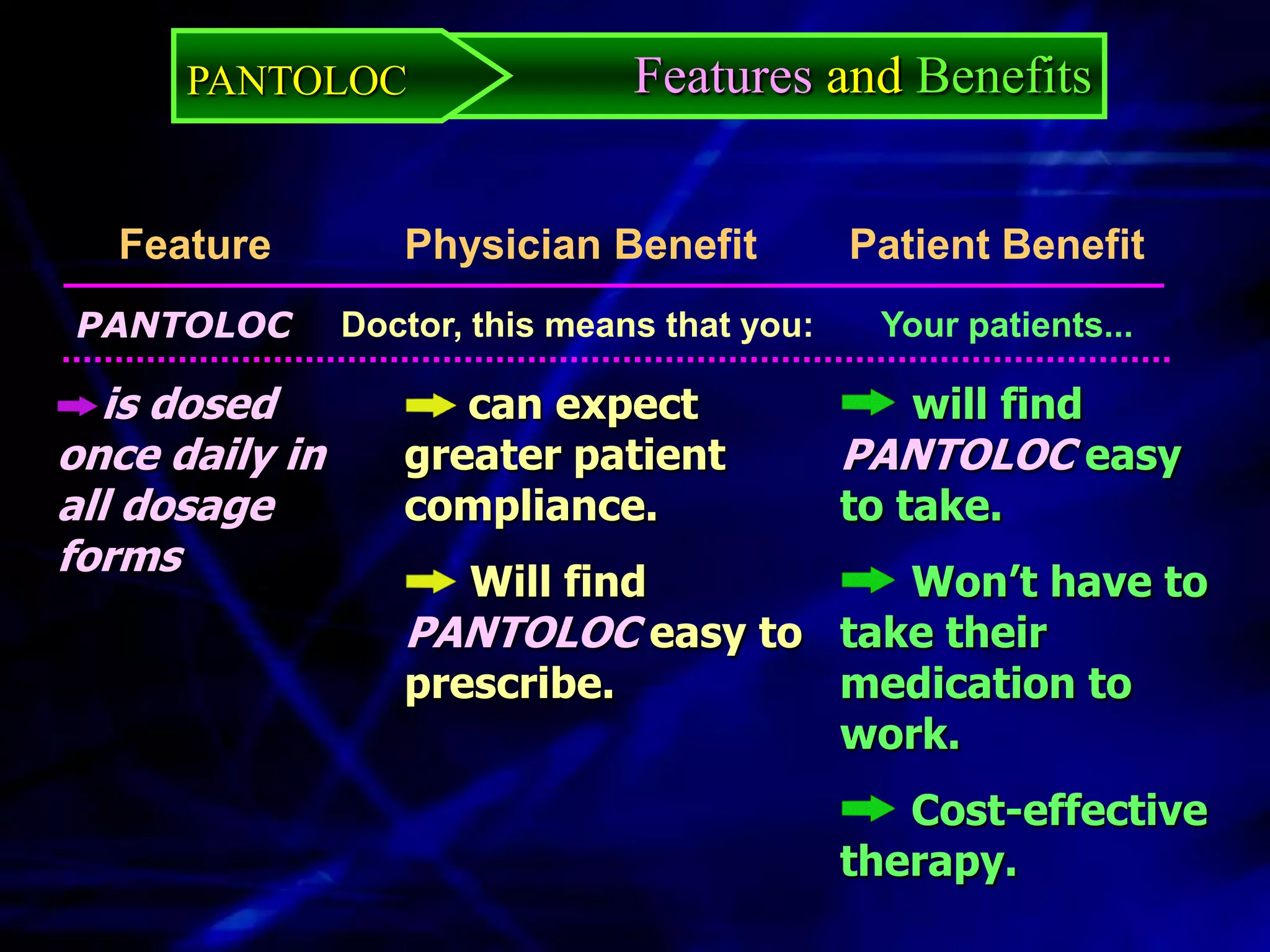 PANTOLOC                   Features and Benefits


   Feature         Physician Benefit           Patient Benefit
PANTOLOC        Doctor, this means that you:     Your patients...

  is dosed            can expect                  will find
once daily in      greater patient             PANTOLOC easy
all dosage         compliance.                 to take.
forms
                       Will find       Won’t have to
                   PANTOLOC easy to take their
                   prescribe.       medication to
                                    work.
                                                  Cost-effective
                                               therapy.
 