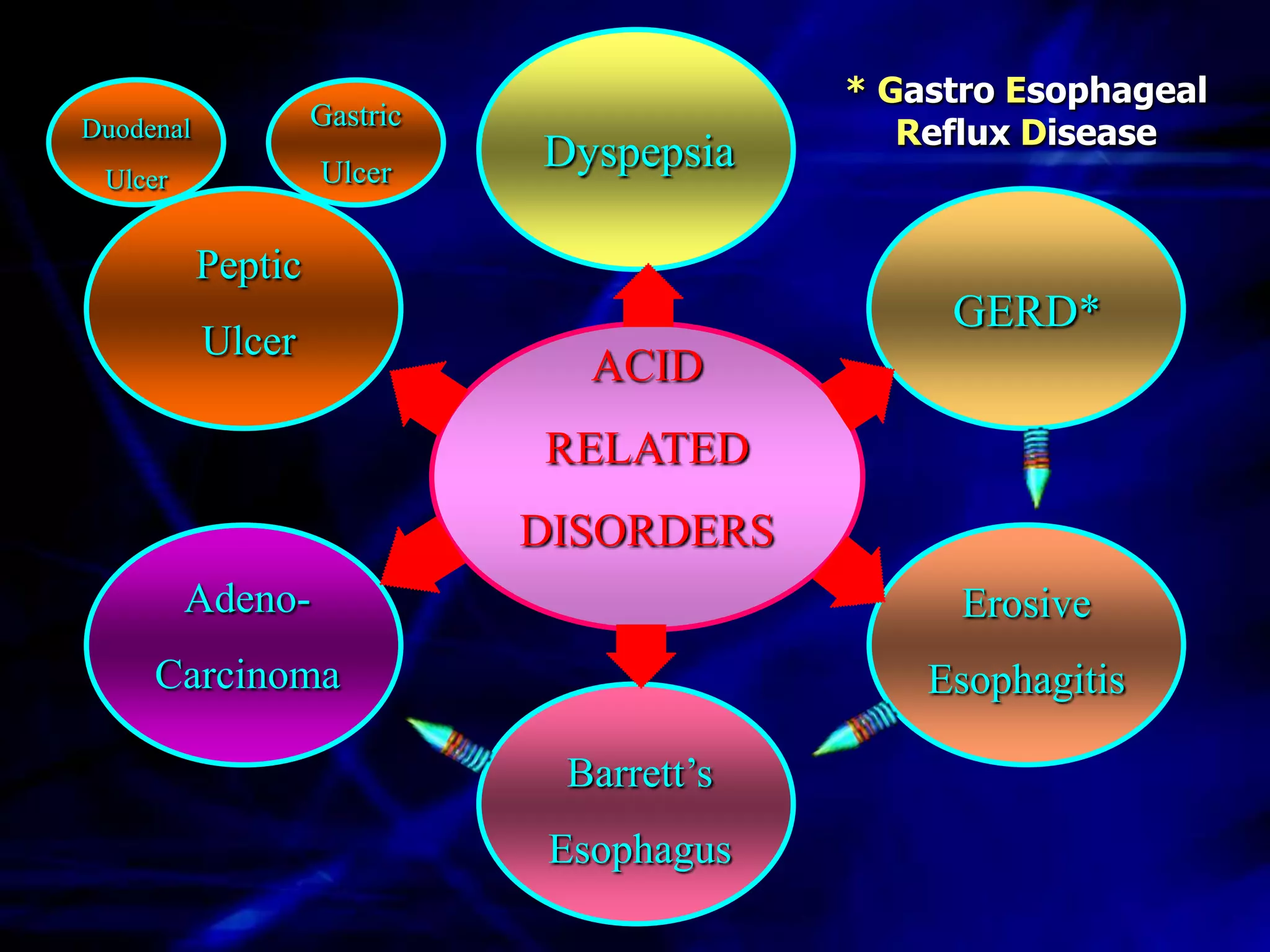* Gastro Esophageal
                    Gastric
Duodenal                                      Reflux Disease
 Ulcer              Ulcer
                              Dyspepsia

           Peptic
                                                GERD*
           Ulcer
                                 ACID
                              RELATED
                              DISORDERS
         Adeno-                                  Erosive
     Carcinoma                                 Esophagitis

                               Barrett’s
                               Esophagus
 