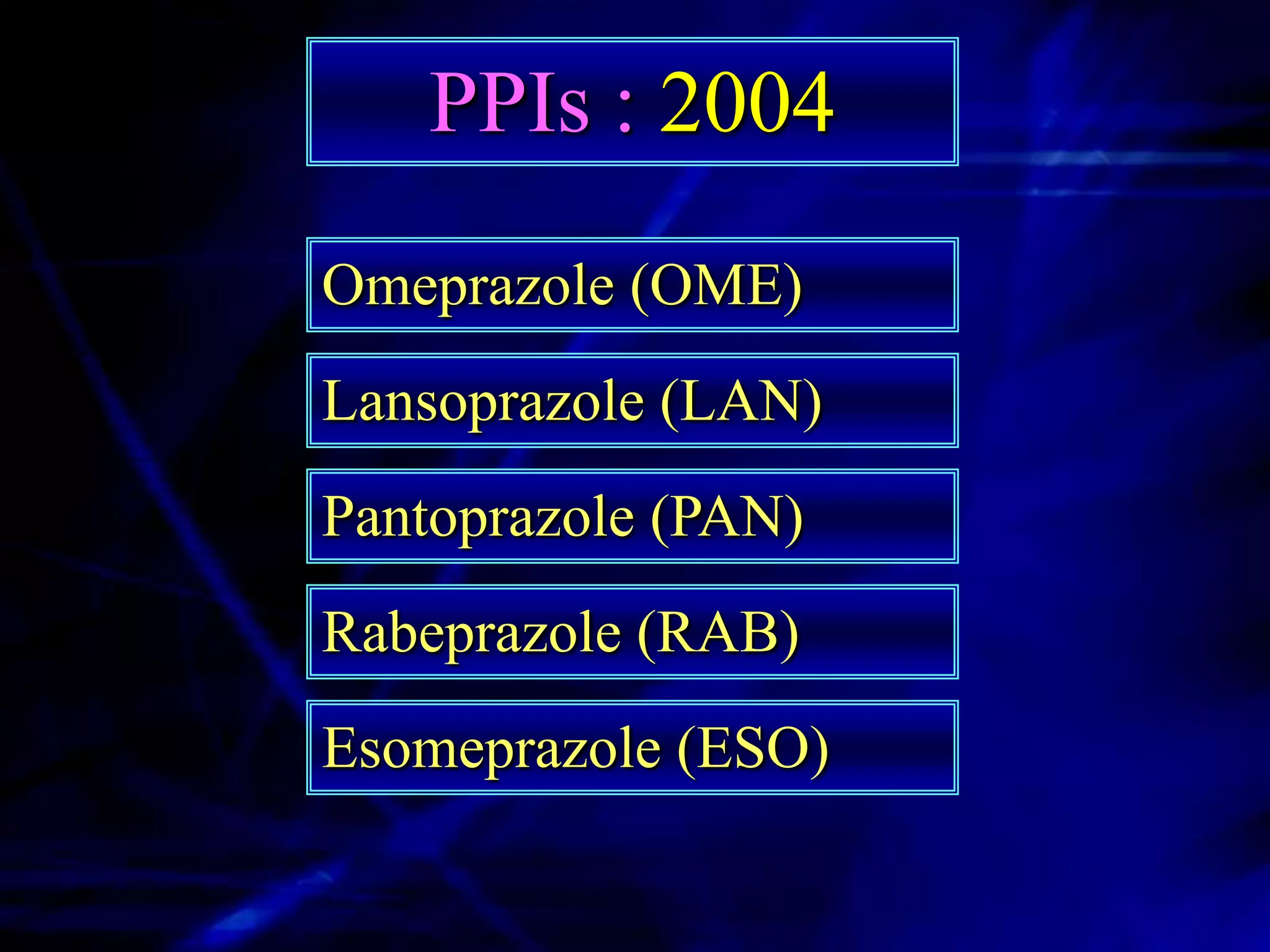 PPIs : 2004
Omeprazole (OME)
Lansoprazole (LAN)
Pantoprazole (PAN)
Rabeprazole (RAB)
Esomeprazole (ESO)
 