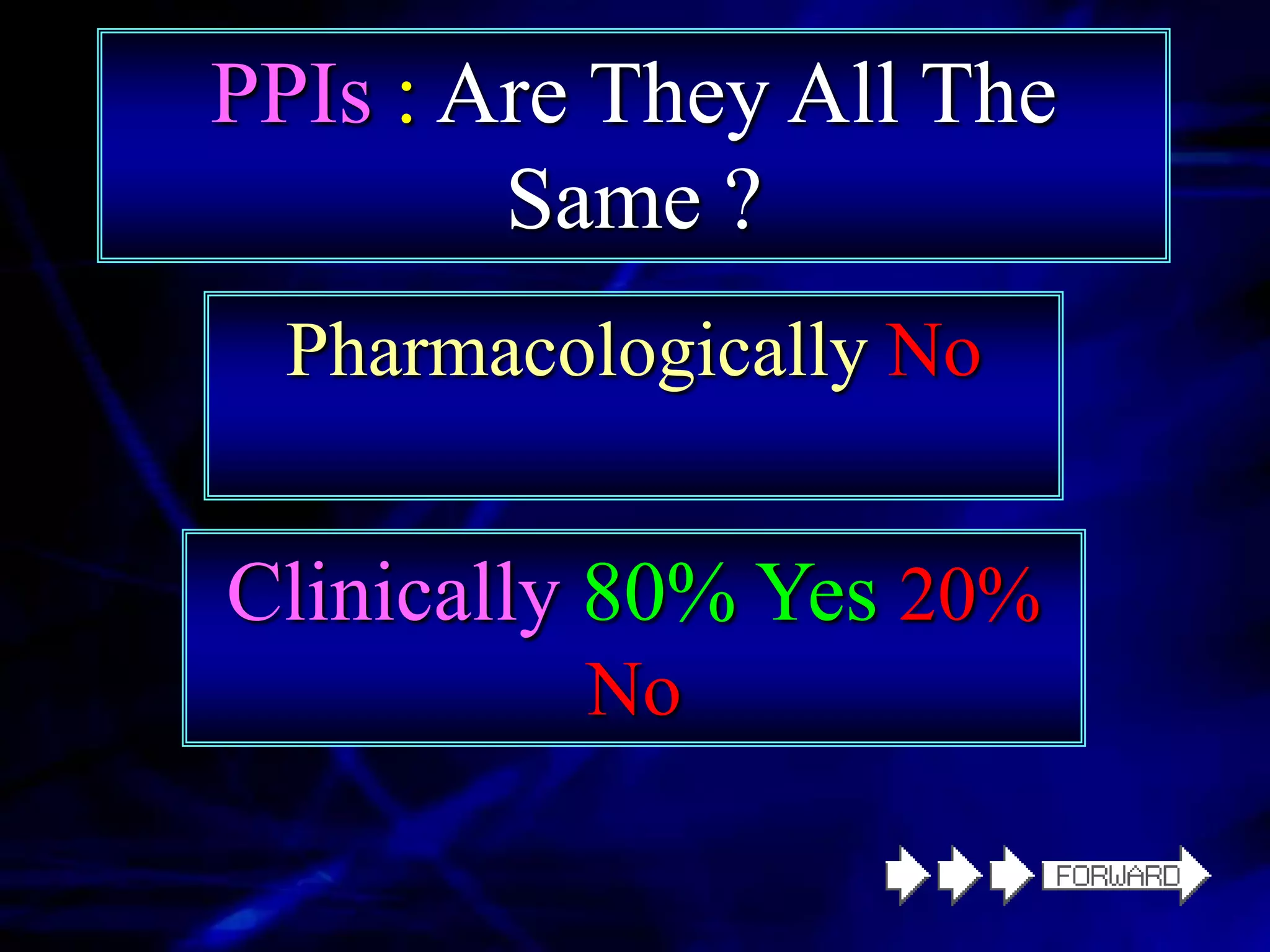 PPIs : Are They All The
        Same ?
  Pharmacologically No


Clinically 80% Yes 20%
          No
 