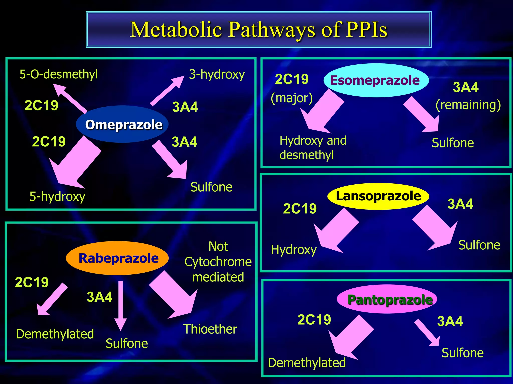 Metabolic Pathways of PPIs
5-O-desmethyl               3-hydroxy    2C19     Esomeprazole
                                                                        3A4
                                        (major)
 2C19                     3A4                                         (remaining)
          Omeprazole
  2C19                    3A4            Hydroxy and              Sulfone
                                         desmethyl

                            Sulfone
  5-hydroxy                                        Lansoprazole
                                          2C19                         3A4

                               Not      Hydroxy                          Sulfone
         Rabeprazole       Cytochrome
2C19                        mediated
              3A4                                      Pantoprazole
                                            2C19                      3A4
Demethylated               Thioether
                Sulfone
                                                                       Sulfone
                                        Demethylated
 