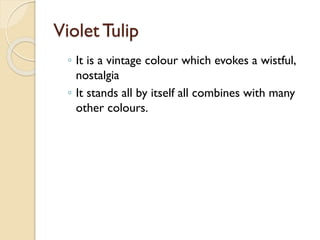 Violet Tulip
◦ It is a vintage colour which evokes a wistful,
nostalgia
◦ It stands all by itself all combines with many
other colours.
 