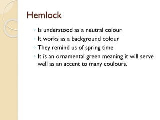 Hemlock
◦ Is understood as a neutral colour
◦ It works as a background colour
◦ They remind us of spring time
◦ It is an ornamental green meaning it will serve
well as an accent to many coulours.
 