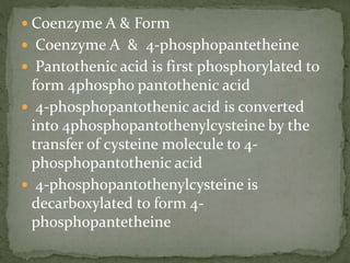  Coenzyme A & Form
 Coenzyme A & 4-phosphopantetheine
 Pantothenic acid is first phosphorylated to
form 4phospho pantothenic acid
 4-phosphopantothenic acid is converted
into 4phosphopantothenylcysteine by the
transfer of cysteine molecule to 4-
phosphopantothenic acid
 4-phosphopantothenylcysteine is
decarboxylated to form 4-
phosphopantetheine
 