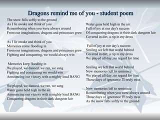 Dragons remind me of you - student poem
The snow falls softly to the ground
As I lie awake and think of you
Remembering when you were always around
From our imaginations, dragons and princesses grew
As I lie awake and think of you
Memories come flooding in
From our imaginations, dragons and princesses grew
Fighting and conquering, we would always win
Memories keep flooding in
We played, we danced, we ran, we sang
Fighting and conquering we would win
Announcing our victory with a mighty loud BANG
We played, we danced, we ran, we sang
Water guns held high in the air
Announcing our victory with a mighty loud BANG
Conquering dragons in their dark dungeon lair

Water guns held high in the air
Full of joy at our day's success
Of conquering dragons in their dark dungeon lair
Covered in dirt, a rip in my dress
Full of joy at our day's success
Smiling we left that world behind
Covered in dirt, a rip in my dress
We played all day, no regard for time
Smiling we left that world behind
Now memories left to reminisce
We played all day, no regard for time
Those days of ignorance I'll truly miss
Now memories left to reminisce
Remembering when you were always around
Those days of ignorance I'll truly miss
As the snow falls softly to the ground

 