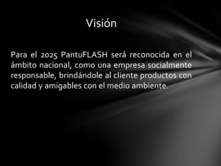 Visión

Para el 2025 PantuFLASH será reconocida en el
ámbito nacional, como una empresa socialmente
responsable, brindándole al cliente productos con
calidad y amigables con el medio ambiente.
 