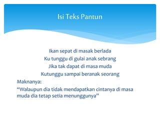 Isi Teks Pantun 
Ikan sepat di masak berlada 
Ku tunggu di gulai anak sebrang 
Jika tak dapat di masa muda 
Kutunggu sampai beranak seorang 
Maknanya: 
“Walaupun dia tidak mendapatkan cintanya di masa 
muda dia tetap setia menunggunya” 
 