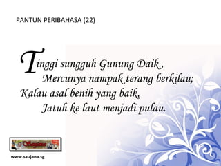 www.saujana.sg PANTUN PERIBAHASA (22) T inggi sungguh Gunung Daik ,             Mercunya nampak terang berkilau; Kalau asal benih yang baik,              Jatuh ke laut menjadi pulau. 