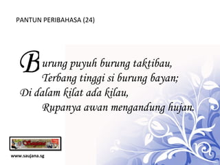 www.saujana.sg PANTUN PERIBAHASA (24) B urung puyuh burung taktibau,            Terbang tinggi si burung bayan; Di dalam kilat ada kilau,                     Rupanya awan mengandung hujan. 