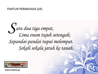 www.saujana.sg PANTUN PERIBAHASA (34) S atu dua tiga empat,                    Lima enam tujuh setengah;  Sepandai-pandai tupai melompat.       Sekali sekala jatuh ke tanah. 