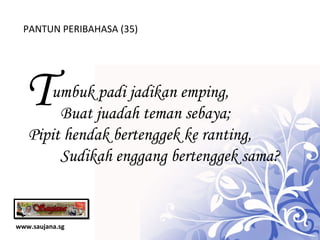 www.saujana.sg PANTUN PERIBAHASA (35) T umbuk padi jadikan emping,                 Buat juadah teman sebaya;    Pipit hendak bertenggek ke ranting,     Sudikah enggang bertenggek sama? 