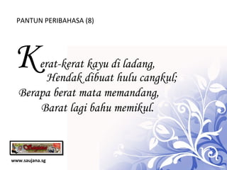 www.saujana.sg PANTUN PERIBAHASA (8) K erat-kerat kayu di ladang,      Hendak dibuat hulu cangkul; Berapa berat mata memandang,      Barat lagi bahu memikul. 