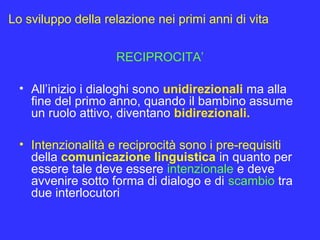 Lo sviluppo della relazione nei primi anni di vita
RECIPROCITA’
• All’inizio i dialoghi sono unidirezionali ma alla
fine del primo anno, quando il bambino assume
un ruolo attivo, diventano bidirezionali.
• Intenzionalità e reciprocità sono i pre-requisiti
della comunicazione linguistica in quanto per
essere tale deve essere intenzionale e deve
avvenire sotto forma di dialogo e di scambio tra
due interlocutori
 