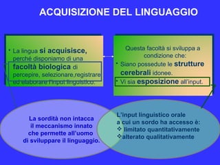 • La lingua si acquisisce,
perché disponiamo di una
facoltà biologica di
percepire, selezionare,registrare
ed elaborare l’input linguistico.
• La lingua si acquisisce,
perché disponiamo di una
facoltà biologica di
percepire, selezionare,registrare
ed elaborare l’input linguistico.
Questa facoltà si sviluppa a
condizione che:
• Siano possedute le strutture
cerebrali idonee.
• Vi sia esposizione all’input.
La sordità non intacca
il meccanismo innato
che permette all’uomo
di sviluppare il linguaggio.
L’input linguistico orale
a cui un sordo ha accesso è:
 limitato quantitativamente
alterato qualitativamente
ACQUISIZIONE DEL LINGUAGGIO
 