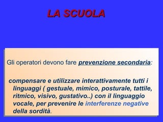 LA SCUOLALA SCUOLA
Gli operatori devono fare prevenzione secondaria:
compensare e utilizzare interattivamente tutti i
linguaggi ( gestuale, mimico, posturale, tattile,
ritmico, visivo, gustativo..) con il linguaggio
vocale, per prevenire le interferenze negative
della sordità.
Gli operatori devono fare prevenzione secondaria:
compensare e utilizzare interattivamente tutti i
linguaggi ( gestuale, mimico, posturale, tattile,
ritmico, visivo, gustativo..) con il linguaggio
vocale, per prevenire le interferenze negative
della sordità.
 