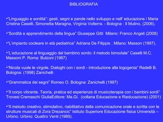 BIBLIOGRAFIA
•“Linguaggio e sordità”: gesti, segni e parole nello sviluppo e nell' educazione / Maria
Cristina Caselli, Simonetta Maragna, Virginia Volterra. - Bologna : Il Mulino, (2006).
•“Sordità e apprendimento della lingua” Giuseppe Gitti Milano: Franco Angeli (2008)
•“L’impianto cocleare in età pediatrica” Adriana De Filippis . Milano: Masson (1997).
•“L’educazione al linguaggio del bambino sordo: il metodo bimodale” Caselli M.C.
Massoni P. Roma: Bulzoni (1987)
•“Nicola vuole le virgole. Dialoghi con i sordi - introduzione alla logogenia” Radelli B.
Bologna: (1998) Zanichelli
•“Grammatica dei segni” Romeo O. Bologna: Zanichelli (1997)
•“Il corpo vibrante. Teoria, pratica ed esperienze di musicoterapia con i bambini sordi”
Trovesi Cremaschi GiuliaEditore: Ma.Gi. (collana Educazione e Rieducazione) (2001)
•“Il metodo creativo, stimolativo, riabilitativo della comunicazione orale e scritta con le
strutture musicali di Zora Drezancic” Istituto Superiore Educazione fisica Università –
Urbino. Urbino: Quattro Venti (1989).
 