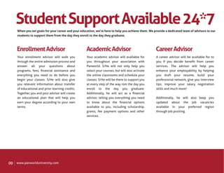 Student Support Available 24*7
     When you set goals for your career and your education, we‘re here to help you achieve them. We provide a dedicated team of advisors to our
     students to support them from the day they enroll to the day they graduate.



     Enrollment Advisor                              Academic Advisor                                Career Advisor
     Your enrollment advisor will walk you           Your academic advisor will available for        A career advisor will be available for to
     through the entire admission process and        you throughout your association with            you if you decide beneﬁt from career
     answer all your questions about                 Panworld. S/He will not only help you           services. The advisor will help you
     programs, fees, ﬁnancial assistance and         select your courses, but will also activate     enhance your employability by helping
     everything you need to do before you            the online classrooms and schedule your         you draft your resume, build your
     begin your classes. S/He will also give         classes. S/He will be there to support you      professional network, give you interview
     you relevant information about transfer         at every step of the way rom the day you        tips, improve your salary negotiation
     of educational and prior learning credits.      enroll to the day you graduate.                 skills and much more!
     Together, you and your advisor will create      Additionally, he will act as a ﬁnancial
     an educational plan that will help you          advisor, telling you everything you need        Additionally, he will also keep you
     earn your degree according to your own          to know about the ﬁnancial options              updated about the job vacancies
     terms.                                          available to you, including scholarship,        available in your preferred region
                                                     grants, fee payment options and other           through job positing.
                                                     services.




09   www.panworlduniversity.com
 