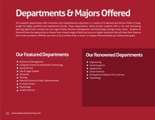 Departments & Majors Oﬀered
         Our academic departments oﬀer innovative and comprehensive education in a variety of in-demand and diverse ﬁelds of study,
         taught by highly qualiﬁed and experienced faculty. These departments, which provide students with a rich and stimulating
         learning opportunity, include Law and Legal Studies, Business Management and Psychology amongst many others . Students at
         Panworld have the opportunity to choose from a broad range of ﬁelds and pursue a higher education that will help them improve
         their career prospects. Whether you want to be a creative artist, a nurse, or a lawyer, Panworld helps you achieve your goals.




         Our Featured Departments                                              Our Renowned Departments
             Business & Management                                                 Engineering
             Computer Science & Information Technology                             Performing Arts
             Social Service                                                        Applied Arts
             Law & Legal Studies                                                   Social Sciences
             Education                                                             Occupational Safety & Fire Sciences
             Nursing                                                               Psychology
             Political Science & Public Administration
             Criminal Justice
             Psychology
             Health Sciences




15
11   ww w .pan w orlduniv ersity .com
     www.panworlduniversity.com
 