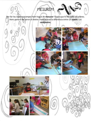 MESUREM
Per fer les nostres trampes hem hagut de mesurar l'espai que hi ha entre els arbres.
Hem après a fer servir el metre i hem buscat la diferència entre un metre i un
centímetre.
 