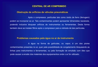 12
CENTRAL DE AR COMPRIMIDO
Após o compressor, partículas tais como óxido de ferro (ferrugem)
podem se incorporar ao ar. Tais contaminantes podem apresentar dimensões razoáveis,
podendo inclusive bloquear orifícios de instrumentos ou ferramentas. Desta forma
também deve se instalar filtros após o compressor para a retirada de tais partículas.
Obstrução de orifícios de válvulas pneumáticas
A água na forma de gotículas, ou vapor, é um dos piores
contaminantes presentes no ar, quer pela possibilidade de congelamento bloqueando as
linhas para instrumentos e ferramentas, ou pela formação de emulsão com óleo que
pode causar a erosão dos materiais dos equipamentos onde o ar for utilizado.
Problemas causados pela água no ar de instrumento
 