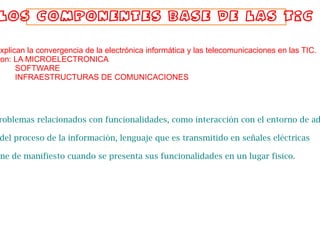 Explican la convergencia de la electrónica informática y las telecomunicaciones en las TIC. Son: LA MICROELECTRONICA SOFTWARE INFRAESTRUCTURAS DE COMUNICACIONES LOS COMPONENTES BASE DE LAS TIC Microelectrónica: hardware, resuelve los problemas relacionados con funcionalidades, como interacción con el entorno de adquisición y la presentación informática. Software: presente en las funcionalidades del proceso de la información, lenguaje que es transmitido en señales eléctricas  Infraestructuras de comunicaciones: se pone de manifiesto cuando se presenta sus funcionalidades en un lugar fisico. 