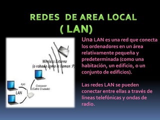 REDES  DE AREA LOCAL( LAN)Una LAN es una red que conecta los ordenadores en un área relativamente pequeña y predeterminada (como una habitación, un edificio, o un conjunto de edificios).Las redes LAN se pueden conectar entre ellas a través de líneas telefónicas y ondas de radio. 